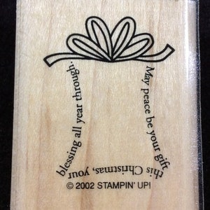 Gift Present Wood Mounted Rubber Stamp From The Stampin Up Set Fine Print, Christmas, Holiday, May Peace Be Your Gift This Christmas