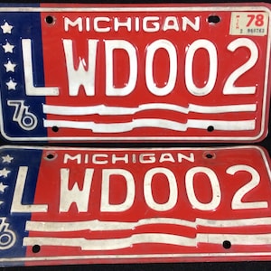 1976 Bicentennial Michigan Front And Back Great Lake State Metal License Plate, Red, White, Automobile, Auto, Car, Set Of Two