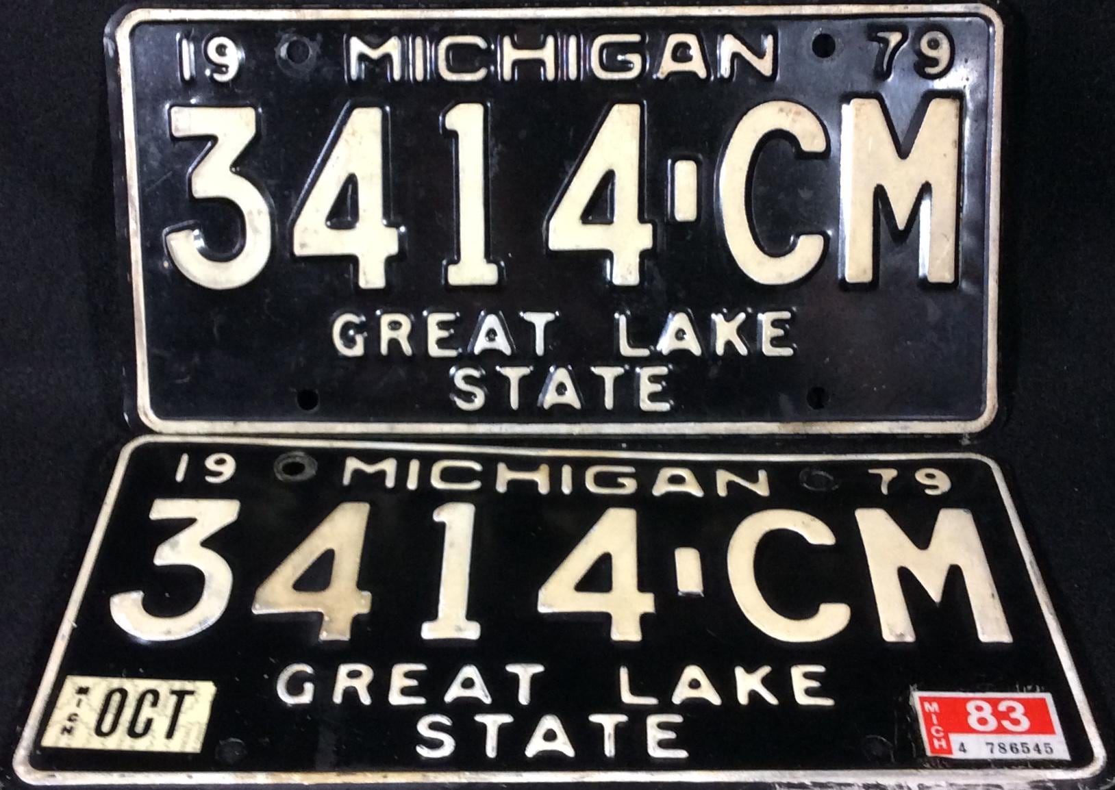 1979 Front and Back Michigan Metal License Plates, Black, White
