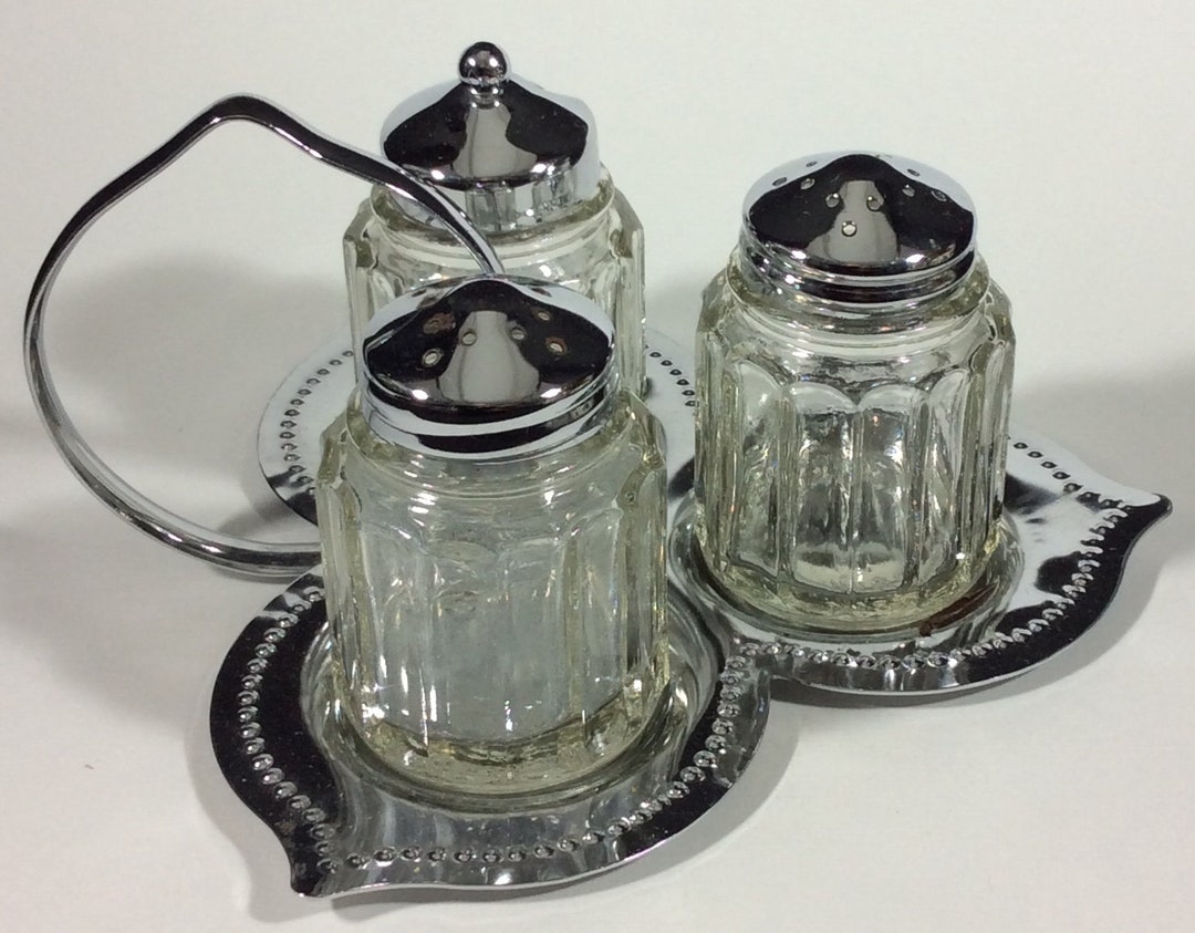 Juego de saleros y pimenteros de cromo y vidrio con un frasco de  condimentos, bandeja de cromo, forma de hoja, hecho en Inglaterra, inglés -  Etsy ..., image size:1080x843