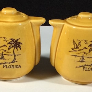 Florida Teapot Souvenir Salt and Pepper Shaker Set, Ceramic, Tea, Birds, Boat, Shoreline, Palm Tree