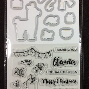 LLama Holiday Unmounted Clear Stamp And Die Set from Jillibean, Framelette, Christmas, Hat, Scarf, Lights, Necklace, Gift, Present