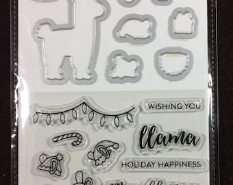 LLama Holiday Unmounted Clear Stamp And Die Set from Jillibean, Framelette, Christmas, Hat, Scarf, Lights, Necklace, Gift, Present