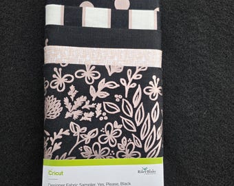 Riley Blake Yes, Please, Black Designer Fabric Sampler From Cricut, Samples Of Rose Gold Main Black, Rose Gold Stripe Black, Rose Gold #
