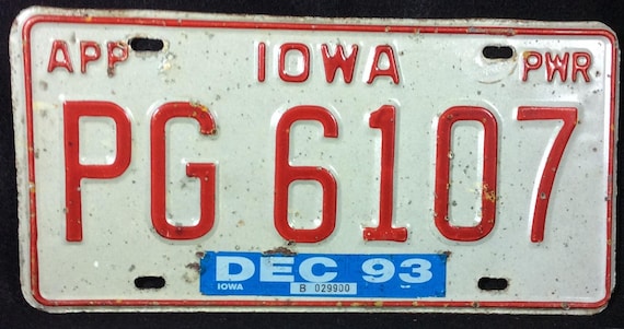1993 Iowa, Metal License Plate, Red, Beige, Automobile, Auto, Car