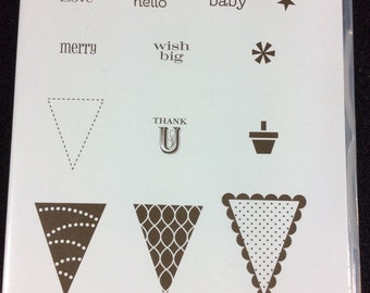 Pennant Parade Cling Mount Rubber Stamp Set From Stampin Up, Flags, Triangles, Love, Hello, Baby, Star, Merry, Wish Big, Thank You, Flower