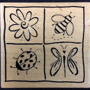 Summer Quit Wood Mounted Rubber Stamp By Great Impressions, Flower, Lady Bug, Dragon Fly, Bee, Spring, Garden, Insects, Floral, Flowers