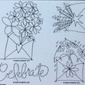 お祝いの木製マウントゴムスタンプセットをStampin Upからお送りください。誕生日、シャワー、花、花柄、封筒、郵便、郵便愛、ハート
