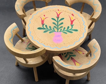Miniature Doll House Kitchen Table And Chairs Set, Made In Japan, Hand Painted, Wood, Dining