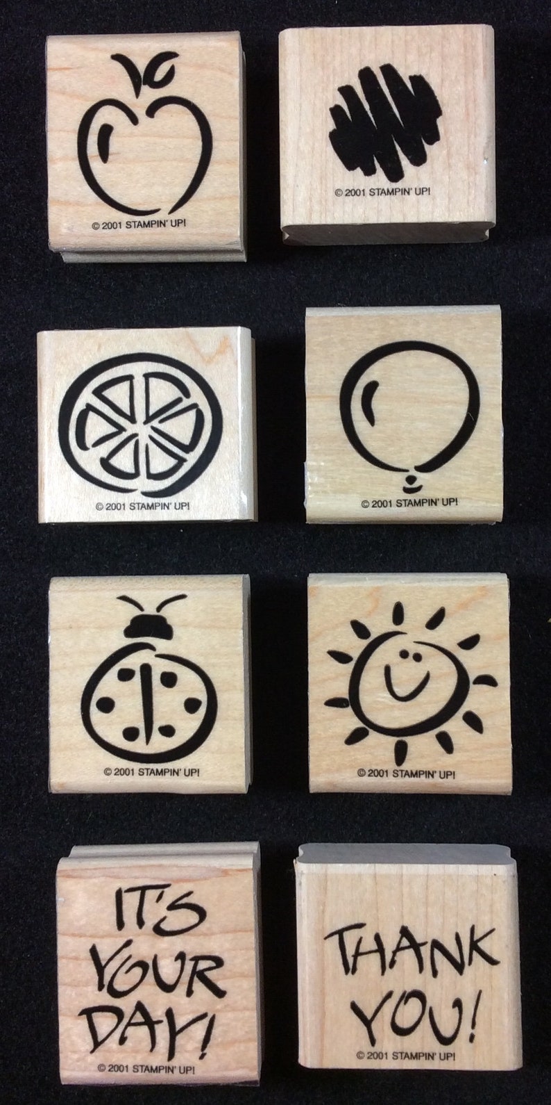 Orange Sun Lady Bug Fanciful Favorites Wood Mounted Rubber Stamp Set From Stampin Up It/'s Your Day Balloon Apple Thank You