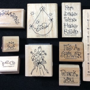 Novias y bebés Juego de sellos de goma montados en madera de Stampin Up Flowers, Bebés, Felicitaciones, Gracias, Es una ducha, Invitaciones