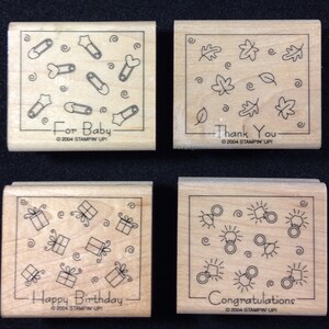 Fabuloso juego de sellos de goma montado en madera de Stampin Up Bridal, Boda, Bebé, Cumpleaños, Gracias, Hojas, Anillos, Alfileres de pañales, Regalos