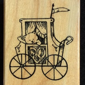 PSX E-3641Bear In Carriage Wood Mounted Rubber Stamp By Personal Stamp Exchange, Buggy, Infant, Baby, Nursery, Teddy Bear, Toy