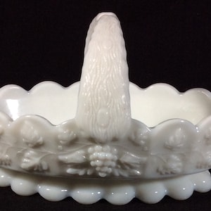 Westmoreland Grapes and Leaves Milk Glass Basket With Split Handle, White, Oval, Paneled