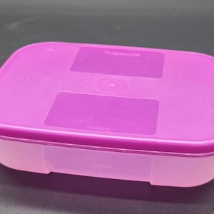 Puede incluir: Un recipiente rectangular de plástico de dos tonos con tapa magenta y base rosa translúcida. La tapa tiene dos áreas rectangulares empotradas. El recipiente está diseñado para el almacenamiento de alimentos.