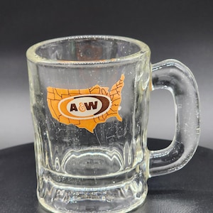 A & W Baby Root Beer Glass Mug, Orange, Brown, White, United States, Map Logo, Mini, Small