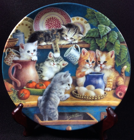 2 Litter Rascal Kitten Plates by Jurgen Schols Frisky Business and Kitchen Capers Bradford Exchange Collection Porcelain