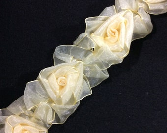 Organza Floral Trim With Stretch Elastic, Trims, Trimming, Rose, Ivory, By The Yard