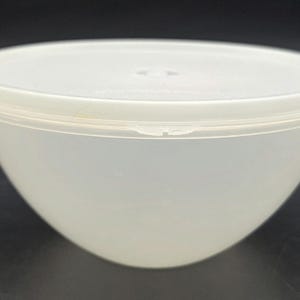 以下が含まれることがあります： 半透明の白いプラスチック製のボウルと、それに合う蓋。ボウルは丸みを帯びた形状で、わずかに広がった縁があります。蓋はぴったりと上部にフィットし、気密シールを作成します。食品の保管に最適です。
