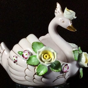 Hand Painted Lefton Swan, Gold Trimmed, Flowers, Floral, Dish, Decorative, Ring