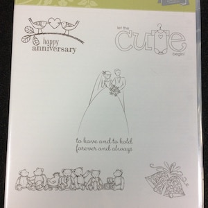 Lo mejor de las novias y bebés se adhieren al conjunto de estampillas de goma de Stampin Up, feliz aniversario, lindo, para tener y sostener, borde de pato oso, campanas