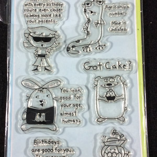 Happy Birthday Clear Unmounted Rubber Stamp Set From Inkadinkado, Rabbit, Turtle, Lizard, Dog, Young Girl, Old Woman, Got Cake?