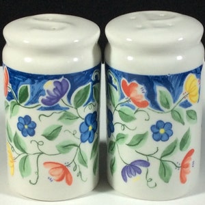 Nicole Salt And Pepper Shaker Set From Tabletops Unlimited, Ceramic, Floral, Flowers, Blue, Orange