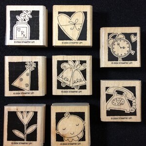 Ocasionalmente juego de sellos de goma montados en madera de Stampin Up Baby, Get Well, Love, Wedding, Birthday, Telephone, Flower, Heart, Wedding Bells