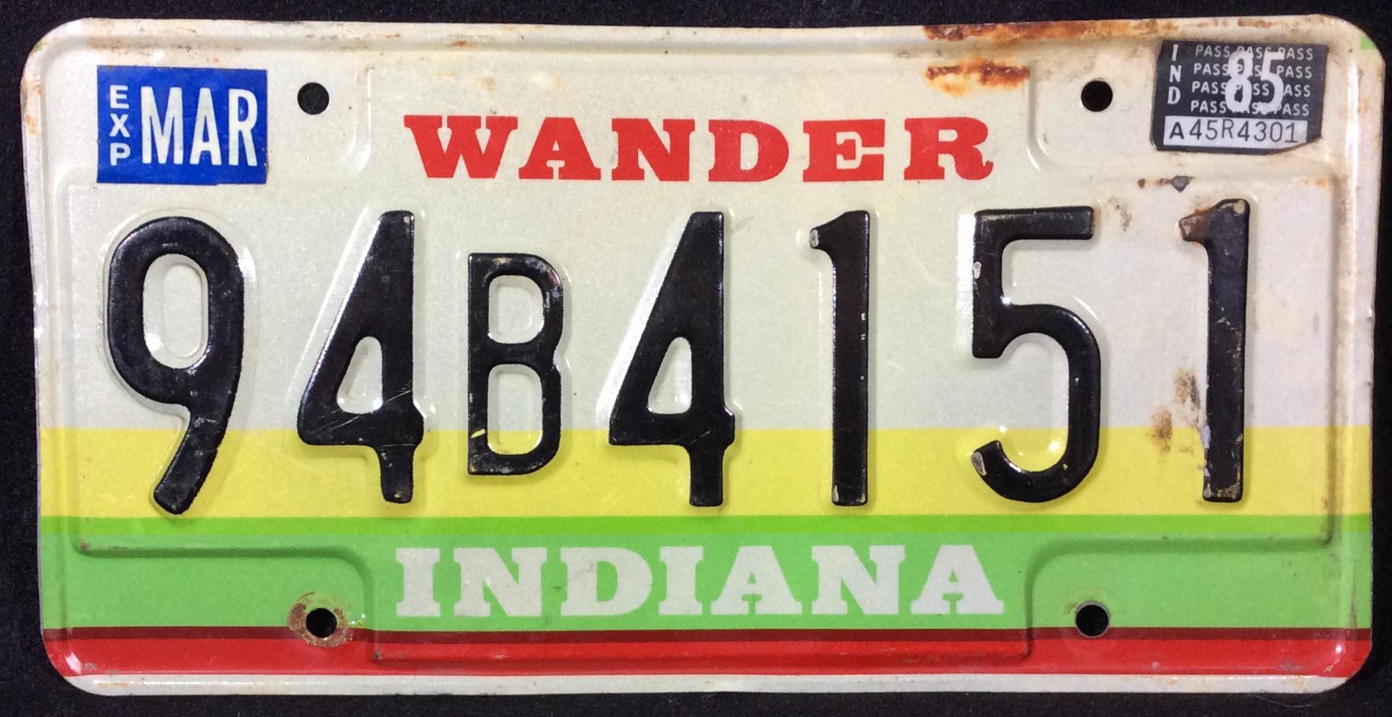 1985 Indiana Wanderer Metal License Plate, Green, White, Red