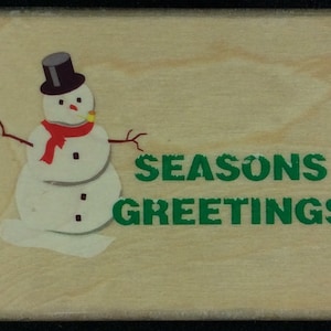 Season&#39;s Greetings With Snowman Wood Mounted Rubber Stamp From Canadian Maple, Christmas, Holiday, Snow, Snowing