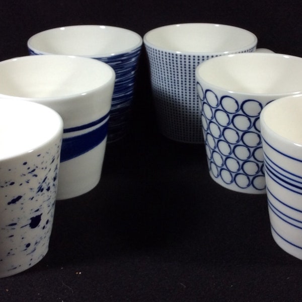 Set Of Six Royal Doulton 15 Ounce Pacific Patterns, Mug, Cup, Coffee, Blue, White, Dots, Stripes, Lines, Splashes, Circles