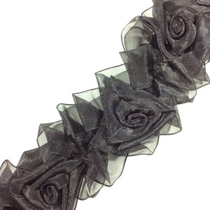 Organza Floral Trim With Stretch Elastic, Trims, Trimming, Rose, Black, By The Yard