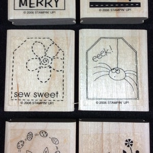 Etiquetas tanto sello de goma montado en madera conjunto de estampado hacia arriba, conejo con huevos, hacer feliz navidad, coser dulce floral, ser mi San Valentín, eeek!