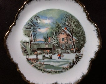 Currier And Ives Winter Morning Feeding The Chickens Decorator Plate From Golden Apricot Haeng Nam Korea, 7 Inches, Gold Trimmed, Farm Scene