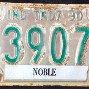 1990 Indiana TK07 Metal License Plate, Silver, Green, Automobile, Auto, Car, Noble County