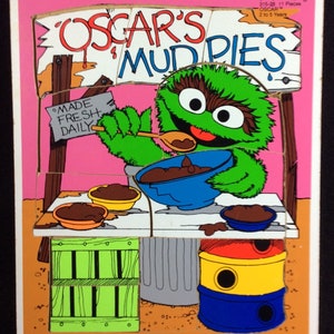Playskool Oscar's Mud Pies, Muppets, Wood Puzzle,11 Pieces, Ages 2 - 5, 315-28, Jim Henson, Made In USA, Oscar The Grouch, Garbage Can