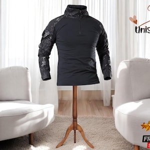 Men&#39;s Tactical Half-Zip Shirt | Black Camo Combat Top | Military Style Airsoft Pullover | Comfortable Cotton Uniform for Him