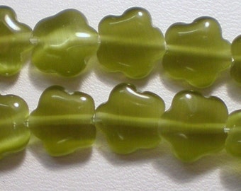 8mm Olive Green Cat's Eye Flower Glass Bead 8 Inch Strand