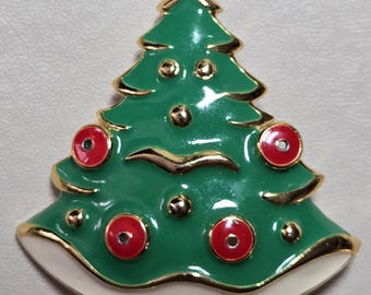 Whimsical Brightly Colored Enamel and Gold Trimmed Christmas Tree Brooch/Pin!