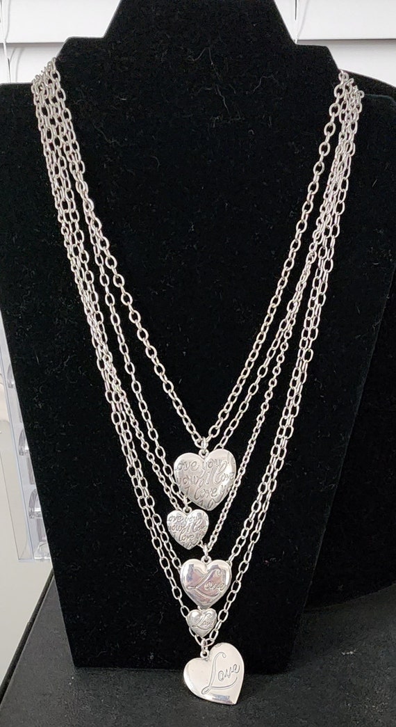 1980's Multiple Strands Silvertone Hearts Necklac… - image 2