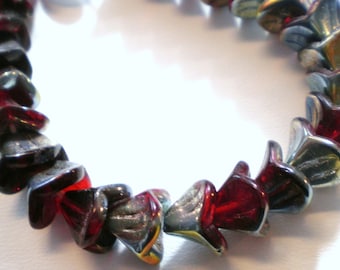 12mm Silver and Red Flower Glass Bead 6 Inch Strand