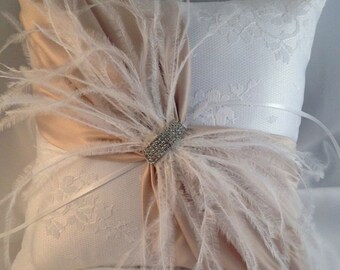 Lace Ring Bearer Pillow with Ostrich Feathers
