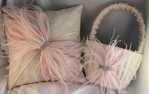 Ivory Lace Ring Bearer Pillow With Ostrich Feathers Etsy