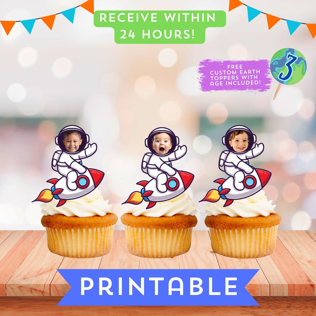 Rocket Ship Cupcake Toppers Custom Face Photo Baby Space Cake Decor Outer Space Reach Four the ...