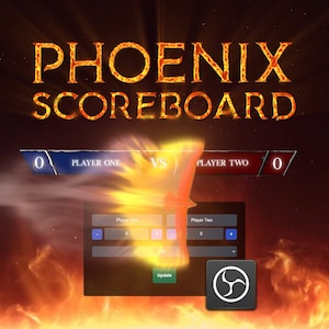 May include: A digital scoreboard with a fiery phoenix design. The scoreboard displays "PHOENIX SCOREBOARD" in a stylized font. The score is 0 to 0, with the option to update the score using buttons.