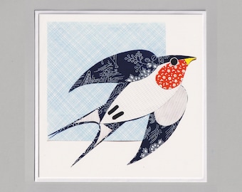 Swallow blank greetings card, print, collage