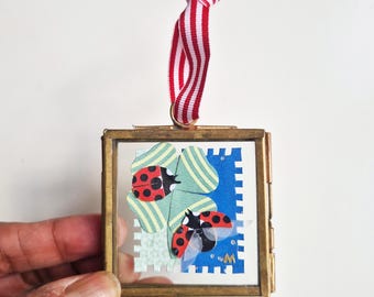 Lucky ladybugs, ladybirds hand cut collage hanging decoration in glass frame A