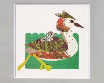 Great Crested Grebe and chick, blank greetings card, print, collage