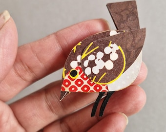 Robin - handmade pin badge brooch. Paper collage on laser cut plywood ply.