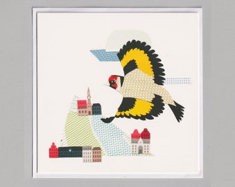 Flying Goldfinch blank greetings card, print, collage